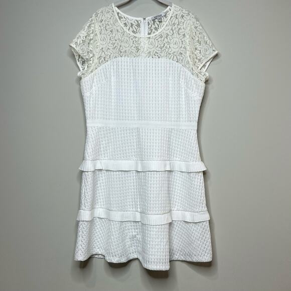 Kensie White Dress Size 14 Lace Top Tiered Pleated Ribbon Short Sleeves - Picture 4 of 14